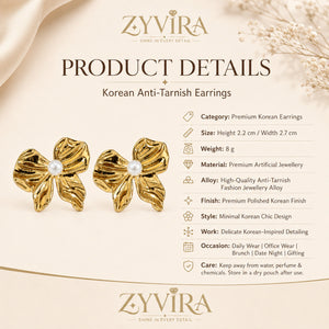 Product details card for gold sculpted pearl flower studs