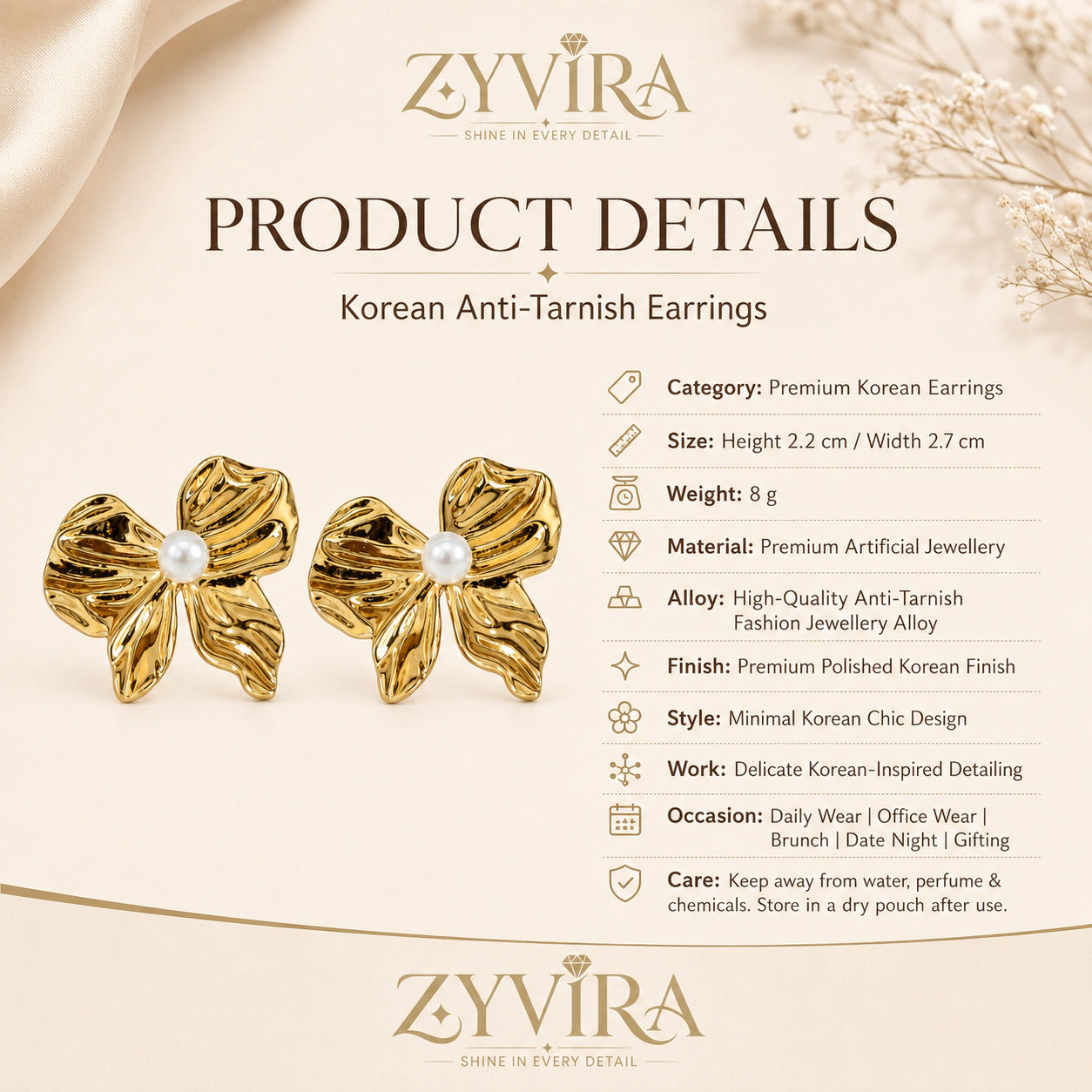 Product details card for gold sculpted pearl flower studs