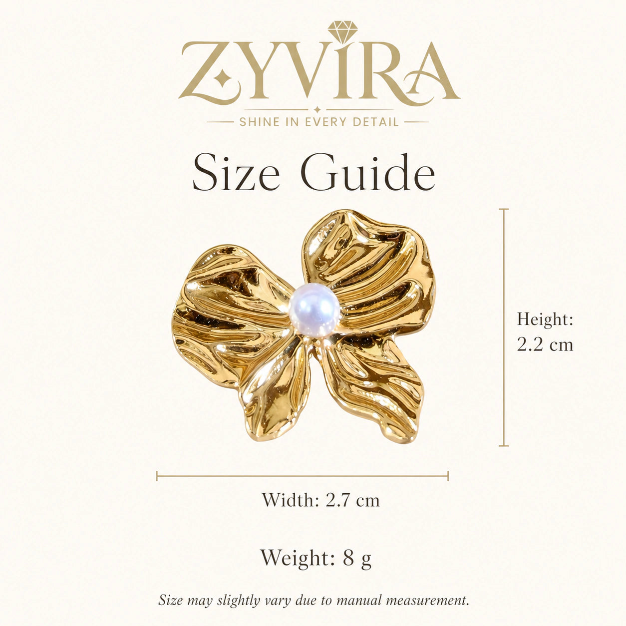 Size guide showing the proportions of sculpted pearl flower studs