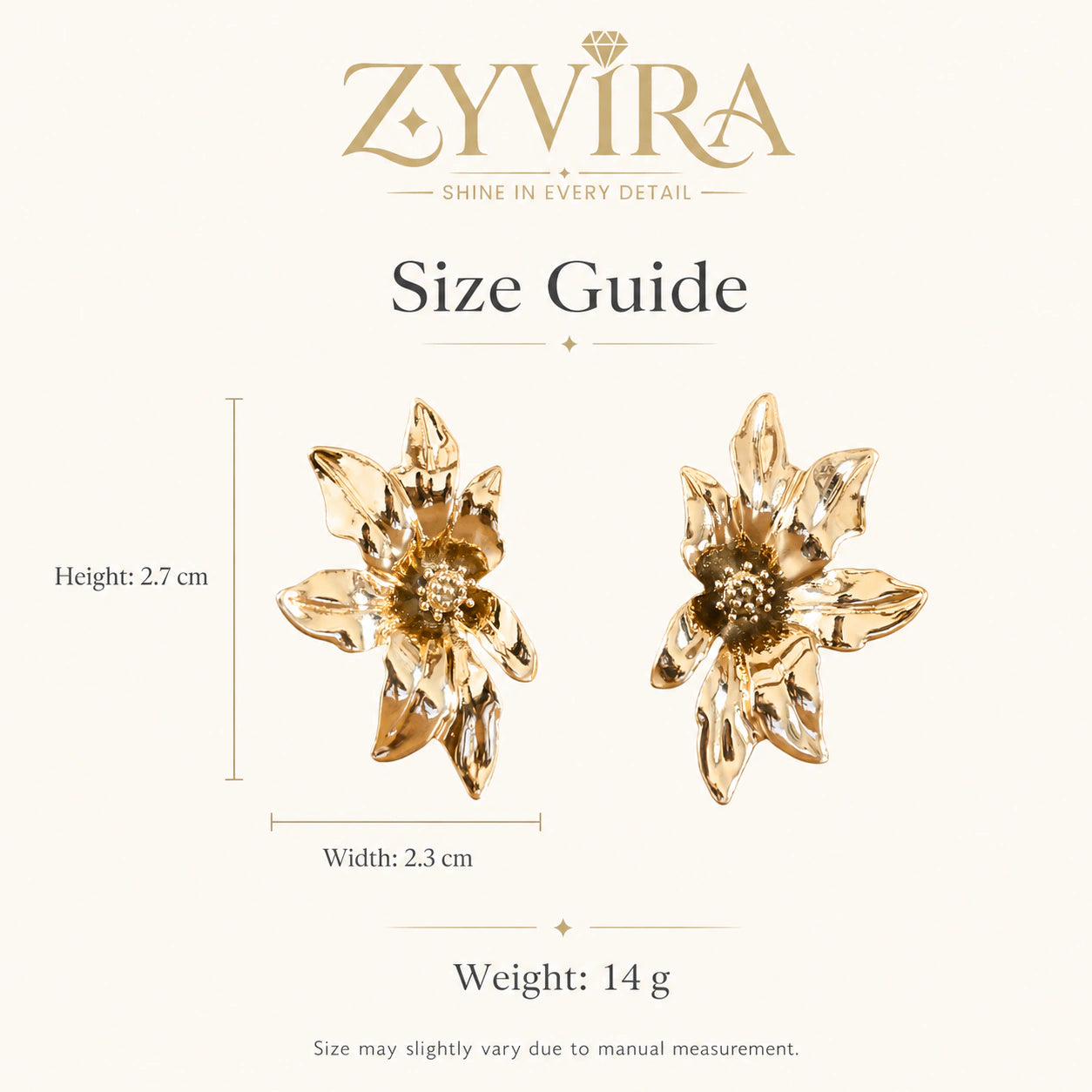 Angled view of gold sculptural bloom bead-centre studs