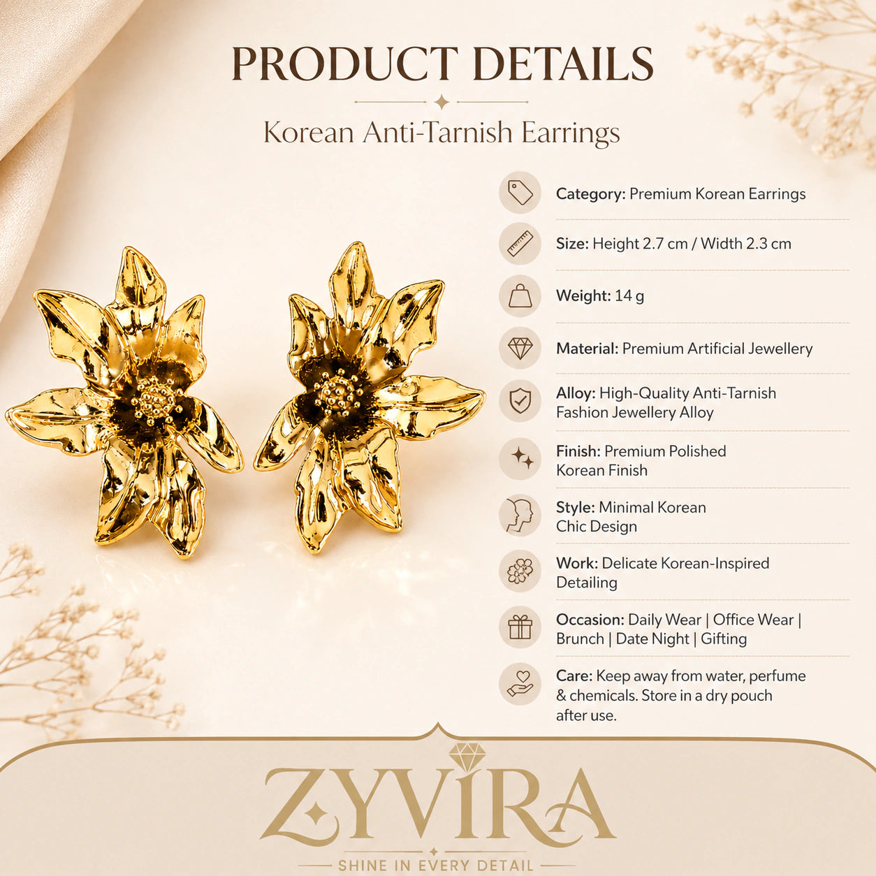 Size guide showing the proportions of sculptural bloom studs