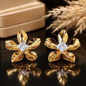 Close-up of sculptural petals and square crystal-style centres