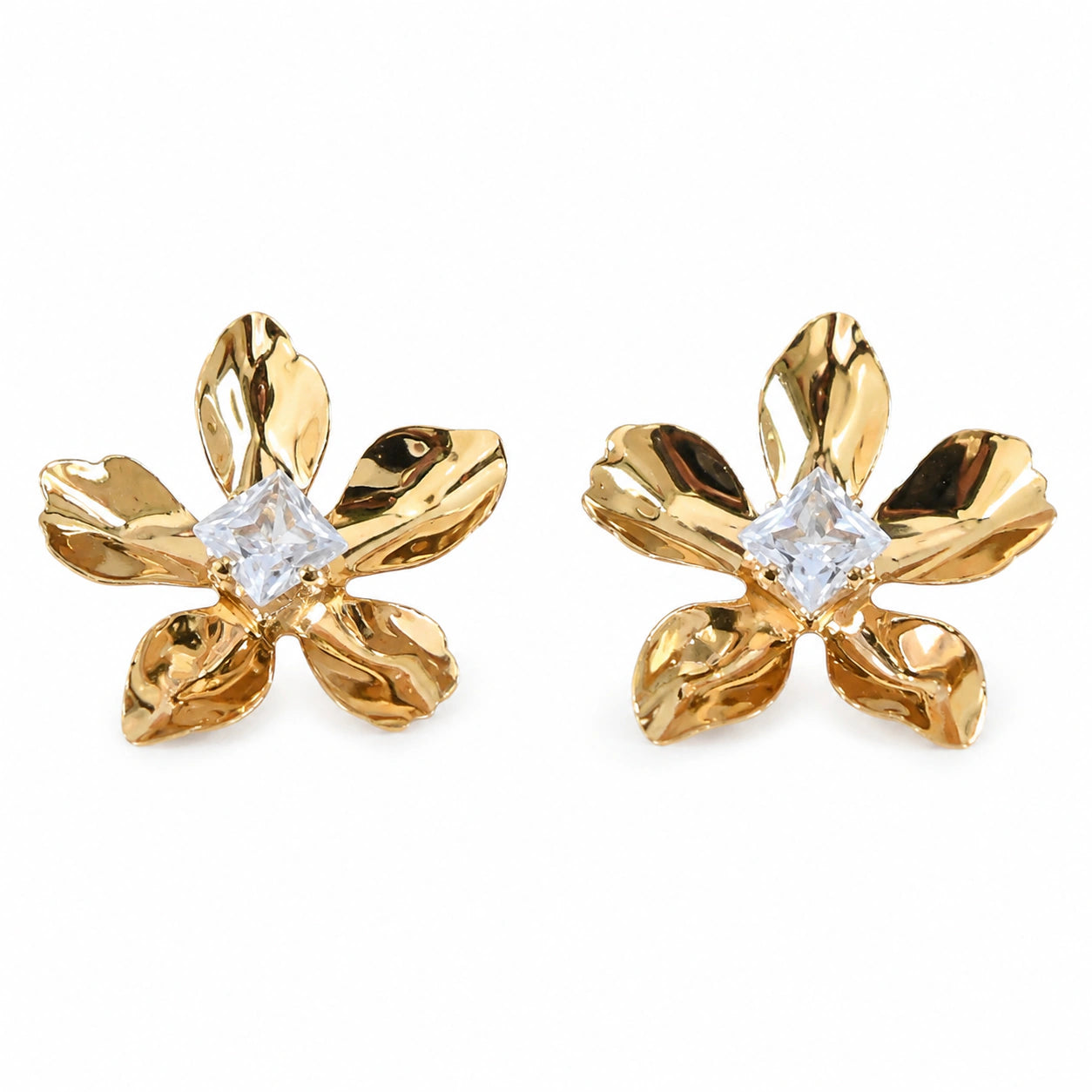 Gold sculptural flower square crystal-style stud earrings