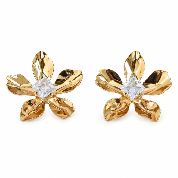 Gold sculptural flower square crystal-style stud earrings