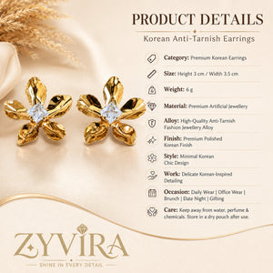 Product details card for gold sculptural flower crystal studs