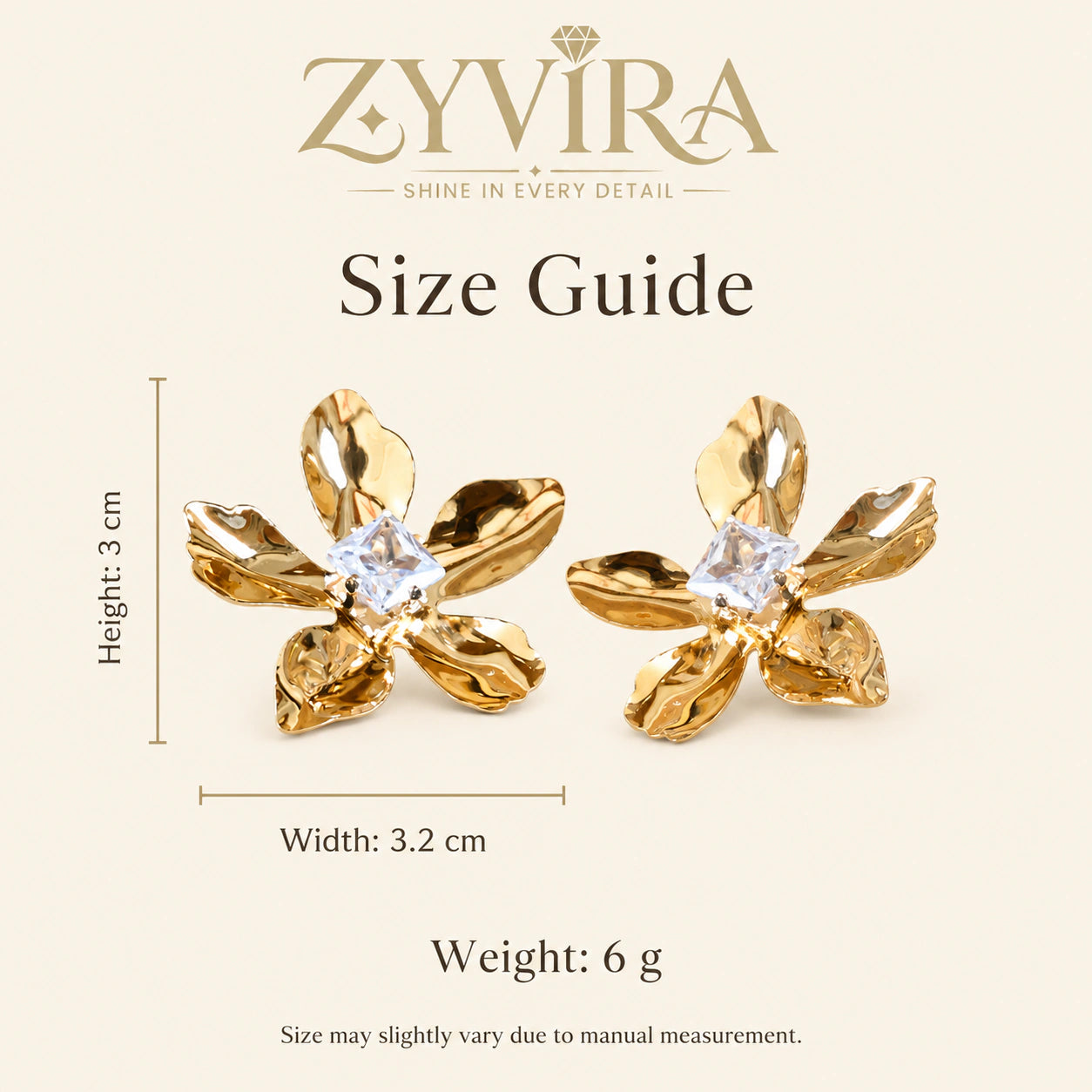 Size guide showing the proportions of sculptural flower crystal studs