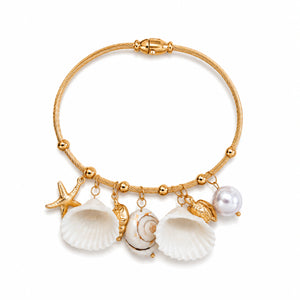 Gold-tone twisted cable shell, starfish and pearl-style charm bracelet