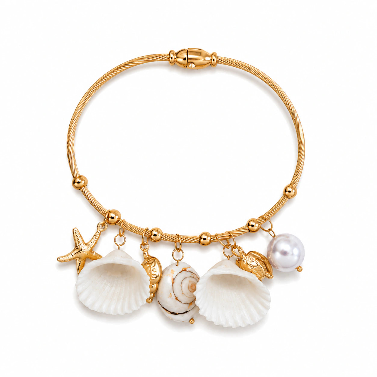 Gold-tone twisted cable shell, starfish and pearl-style charm bracelet