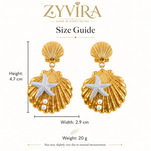 Angled view of gold shell starfish pearl-style drop earrings