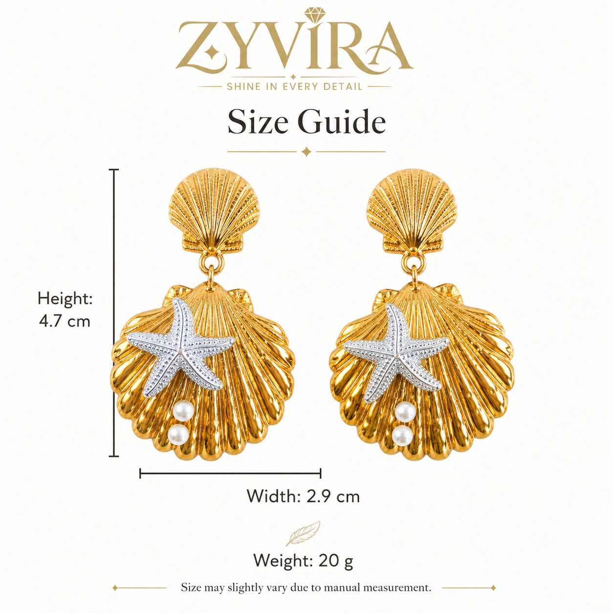 Angled view of gold shell starfish pearl-style drop earrings