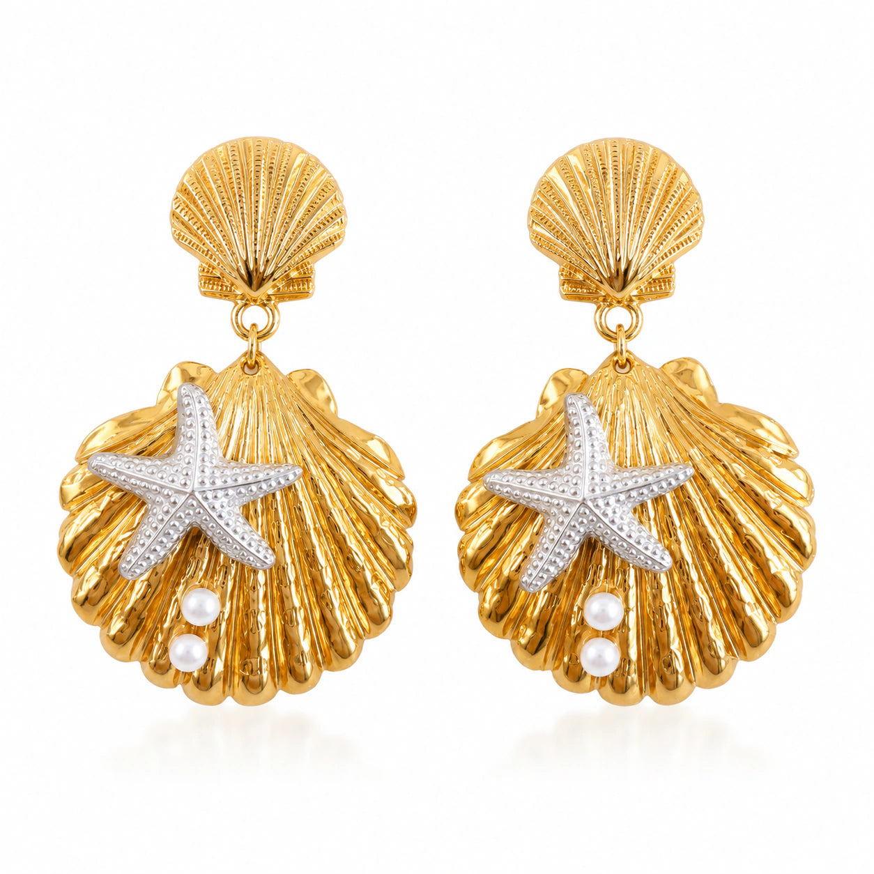 Gold scallop shell starfish pearl-style drop earrings