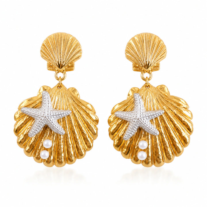 Gold scallop shell starfish pearl-style drop earrings
