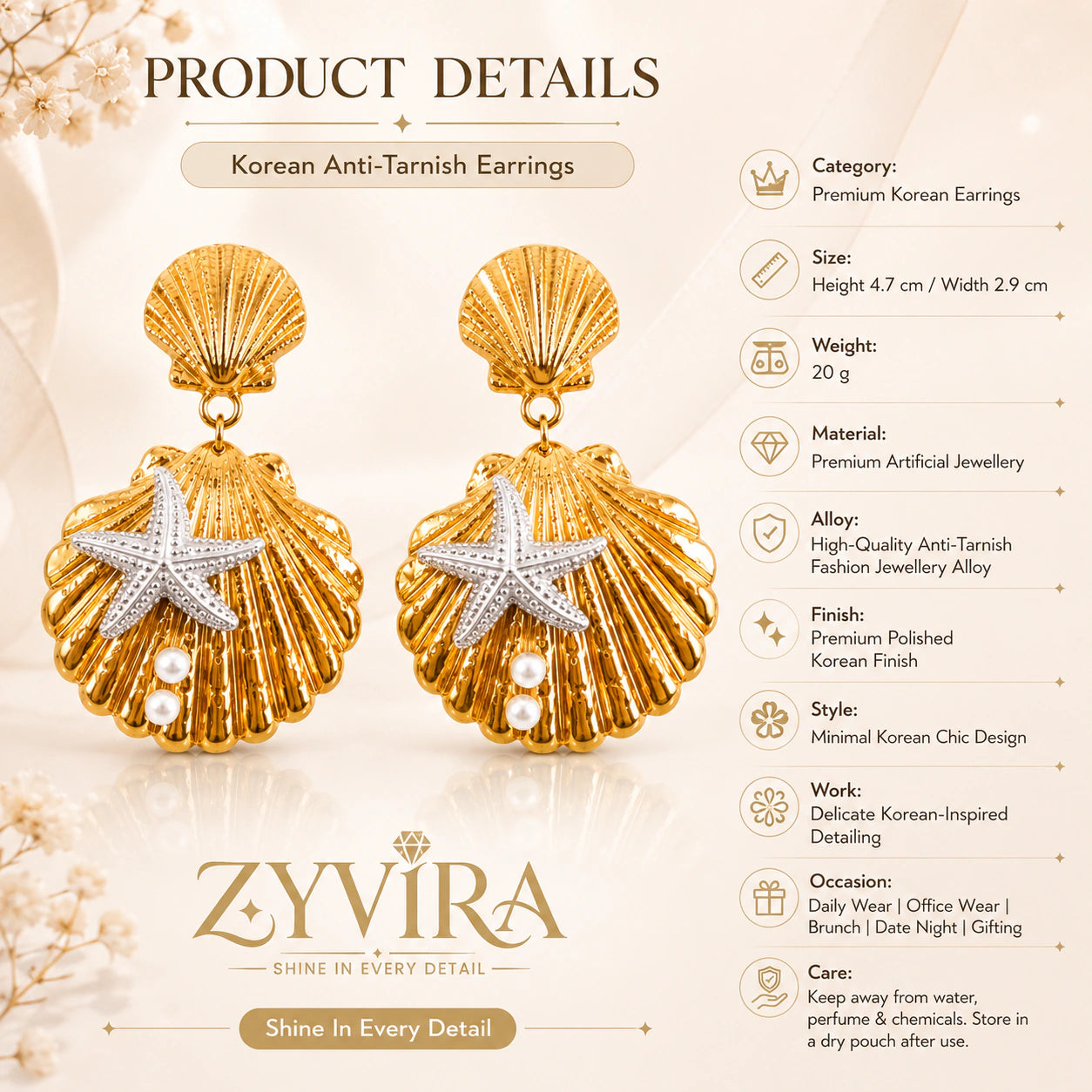 Size guide showing the proportions of shell starfish earrings