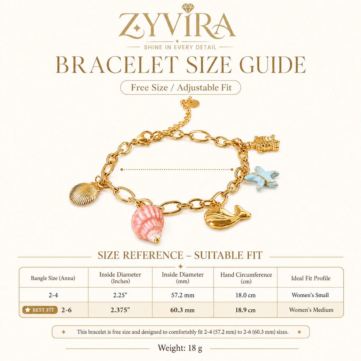 Gold ocean charm bracelet styled in a beach-inspired jewellery flat lay