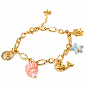 Gold-tone shell turtle starfish ocean charm link bracelet