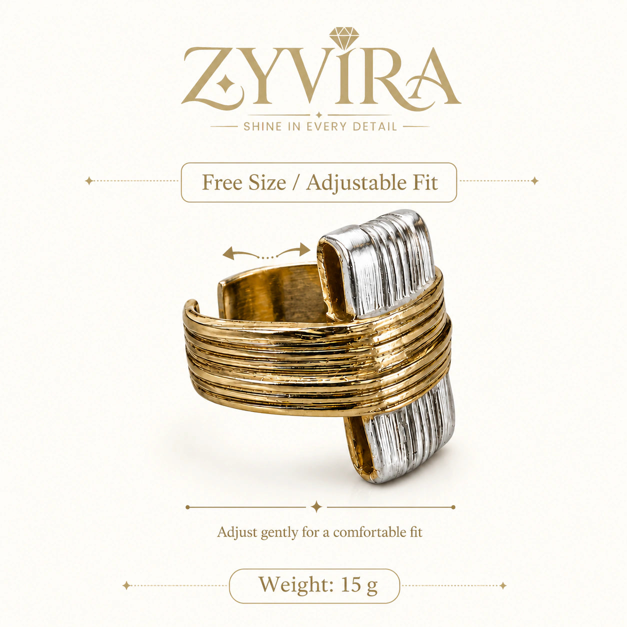 Angled view of the gold and silver geometric wrap ring