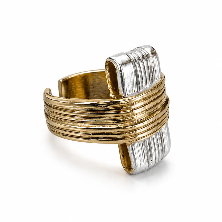 Gold and silver ribbed geometric wrap statement ring
