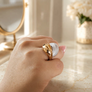 Alternate product view of the gold and silver ribbed wrap ring