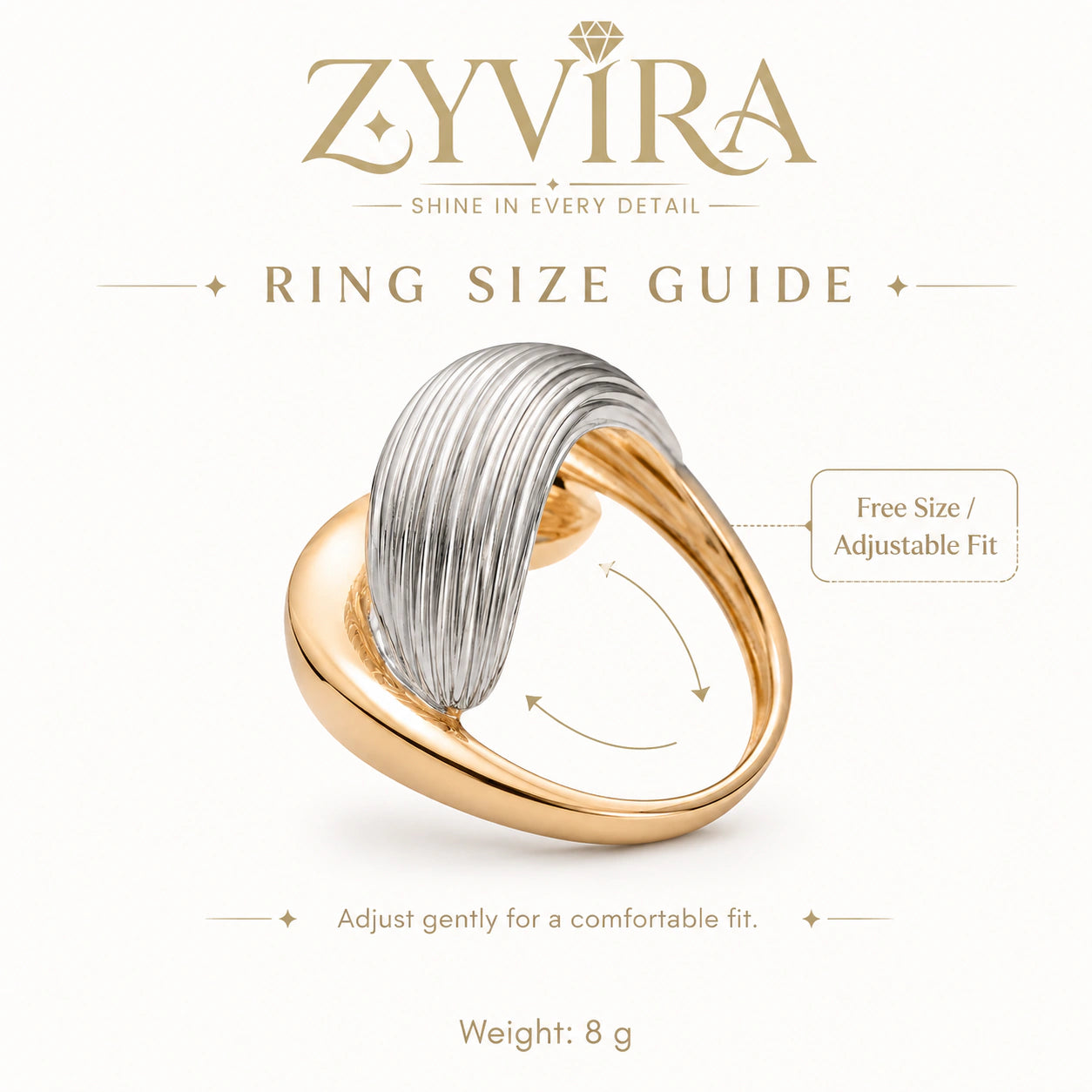 Open adjustable view of the ribbed sculptural wrap ring