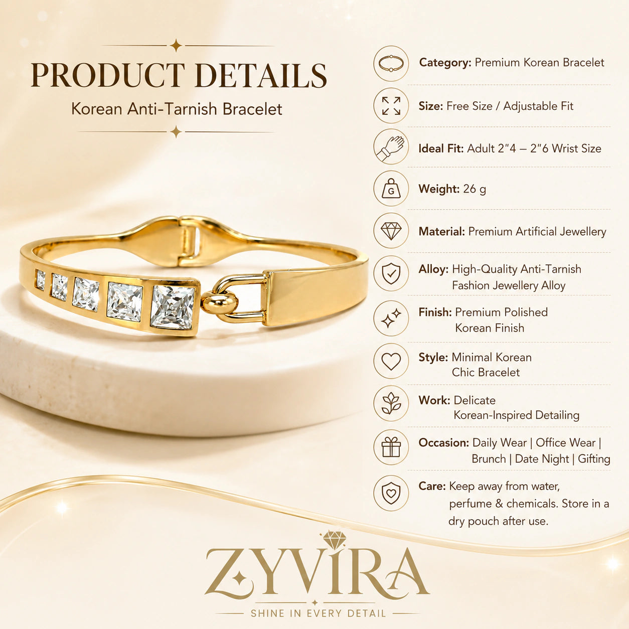 Gold square crystal-bar kada styled in an elegant jewellery flat lay