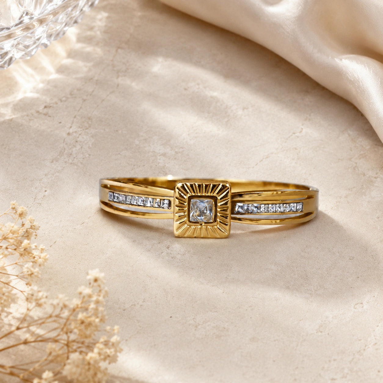 Alternate product view of the gold sunburst crystal bracelet