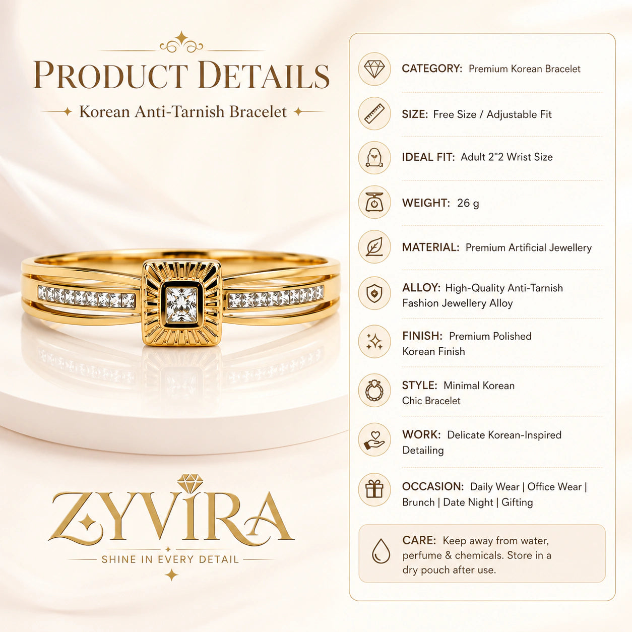 Gold square sunburst bracelet styled in an elegant jewellery flat lay