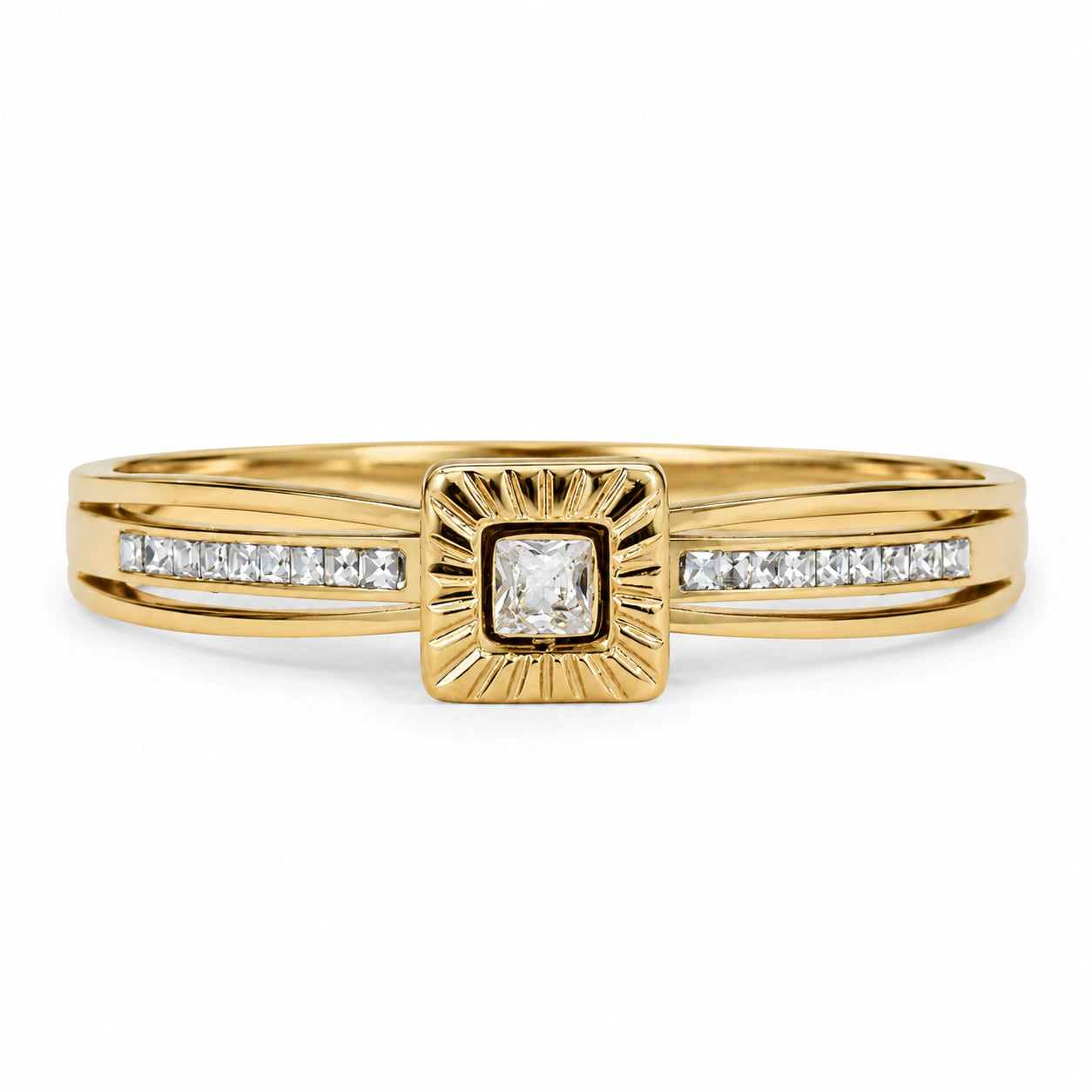 Close-up of square sunburst motifs and crystal detailing