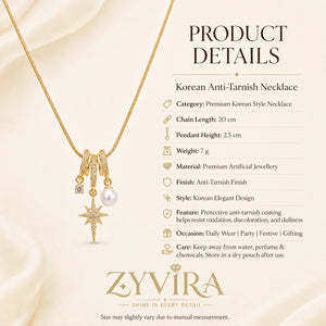 Product details card for the gold starburst pearl charm necklace