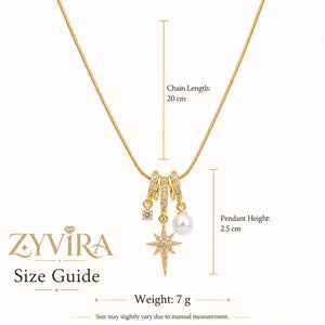 Size guide showing the proportions of the starburst charm necklace