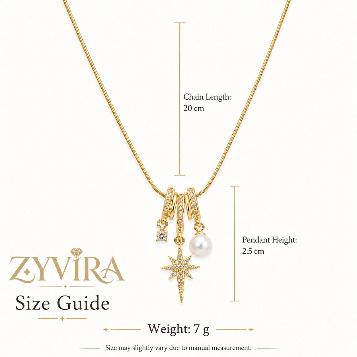 Size guide showing the proportions of the starburst charm necklace