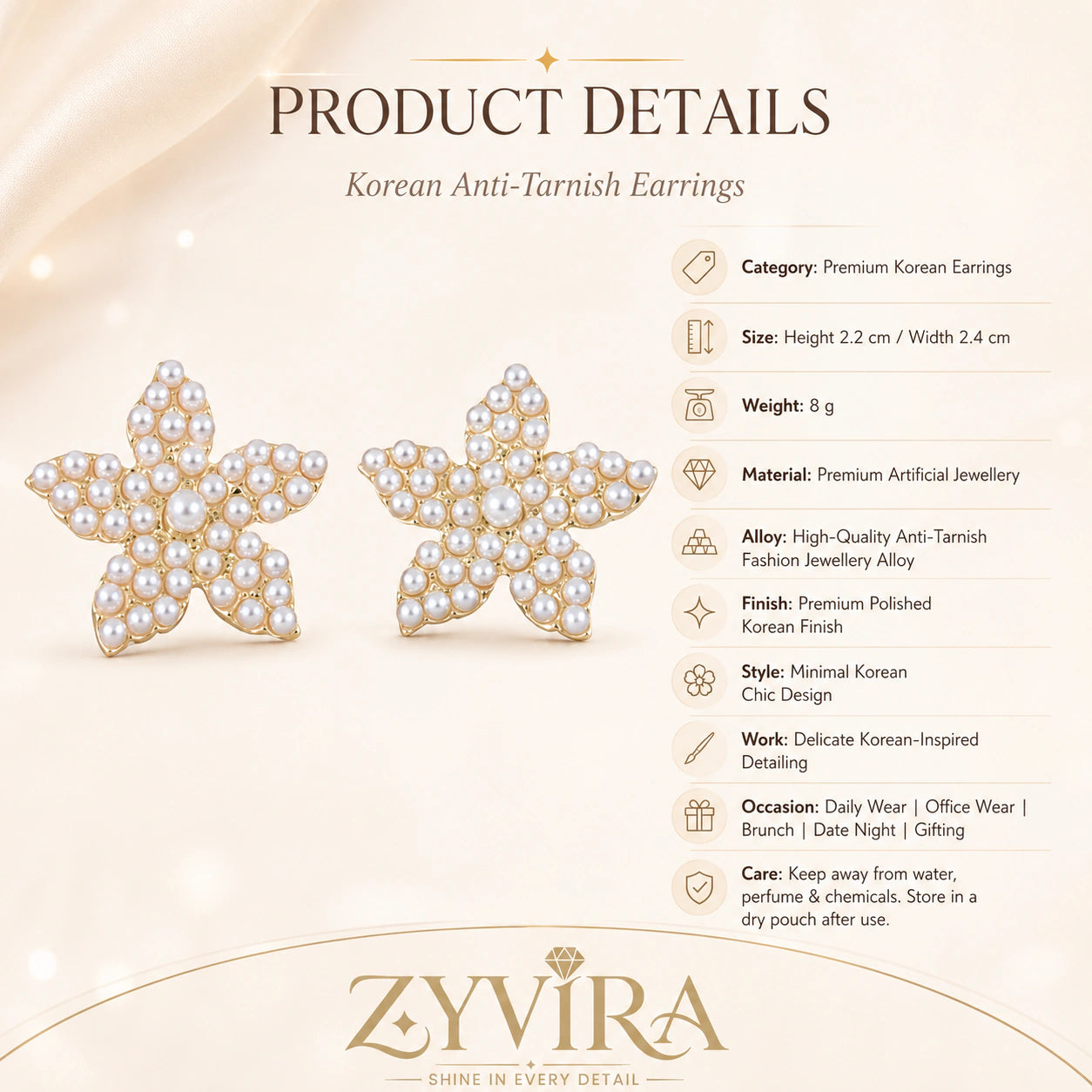 Size guide showing the proportions of starfish pearl studs