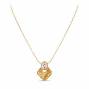 Angled view of the gold sunburst oval crystal necklace
