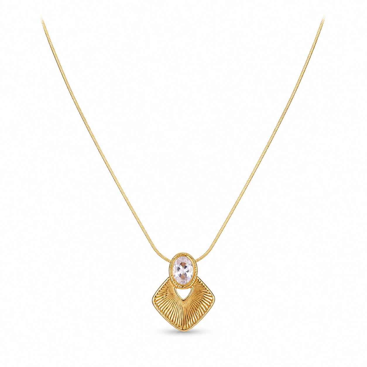 Angled view of the gold sunburst oval crystal necklace