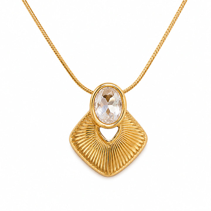 Gold-tone sunburst oval crystal-style pendant necklace