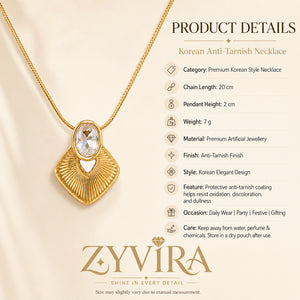 Product details card for the gold sunburst oval crystal necklace