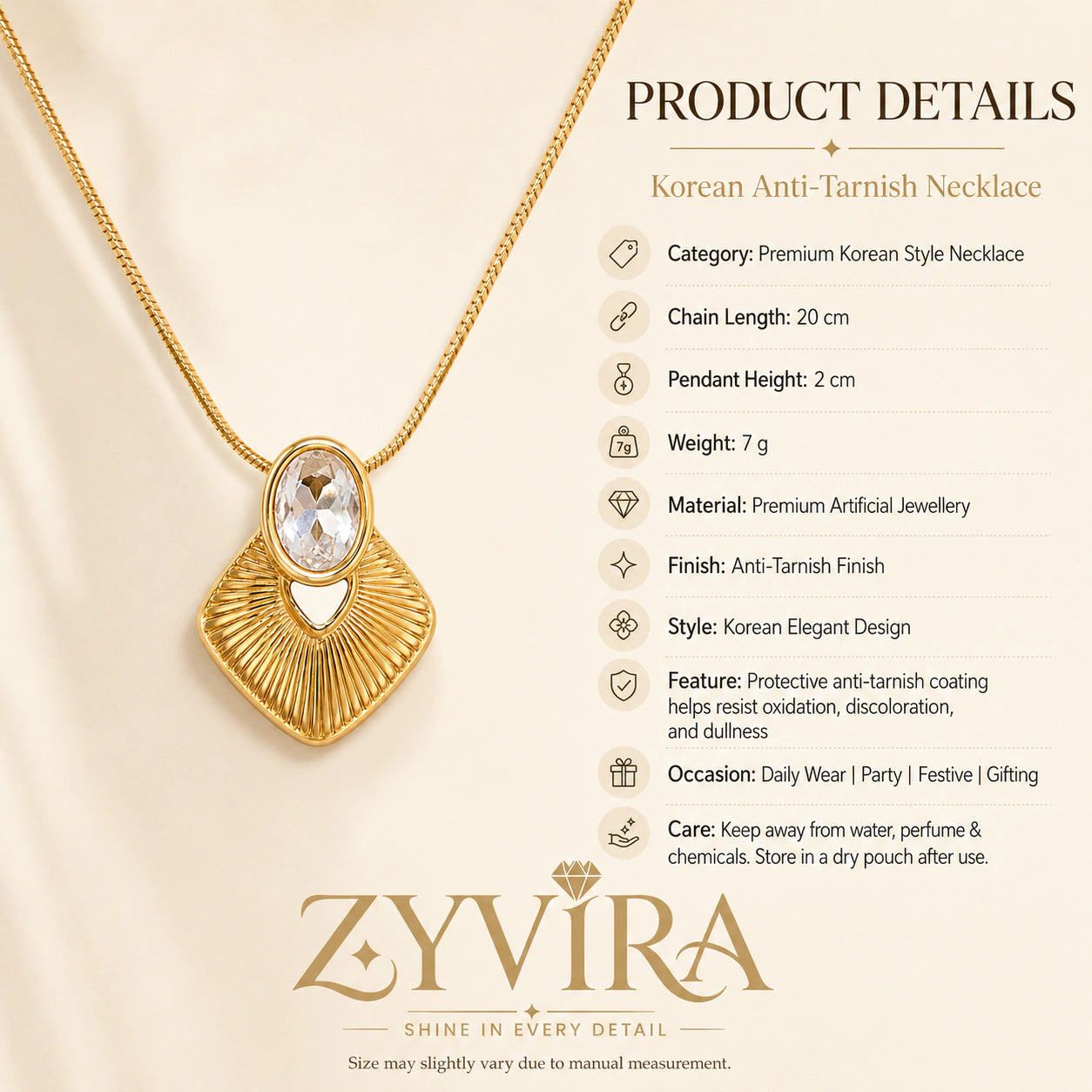 Product details card for the gold sunburst oval crystal necklace