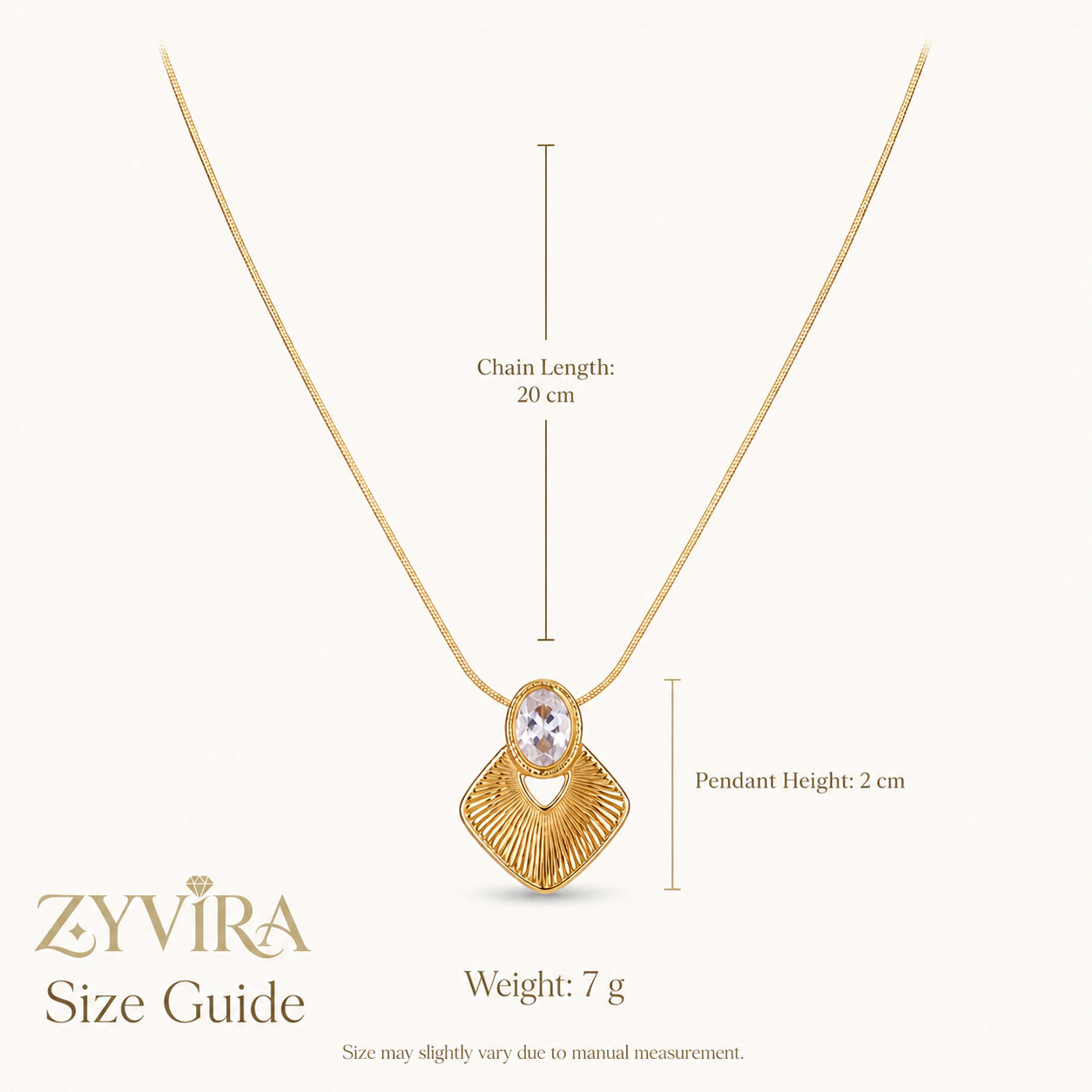 Size guide showing the proportions of the sunburst oval necklace