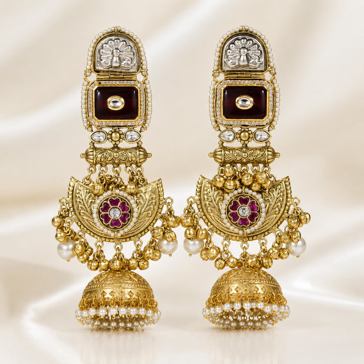Kashmiri gold-tone maroon-stone chandbali statement earrings
