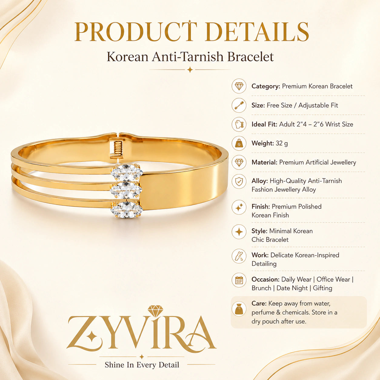 Gold triple-bar crystal kada styled in an elegant jewellery flat lay