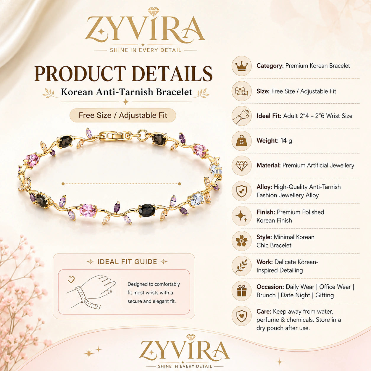 Gold tulip stone bracelet styled in an elegant jewellery flat lay