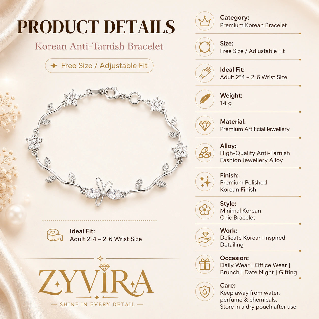 Alternate product view of the gold tulip-vine crystal bracelet