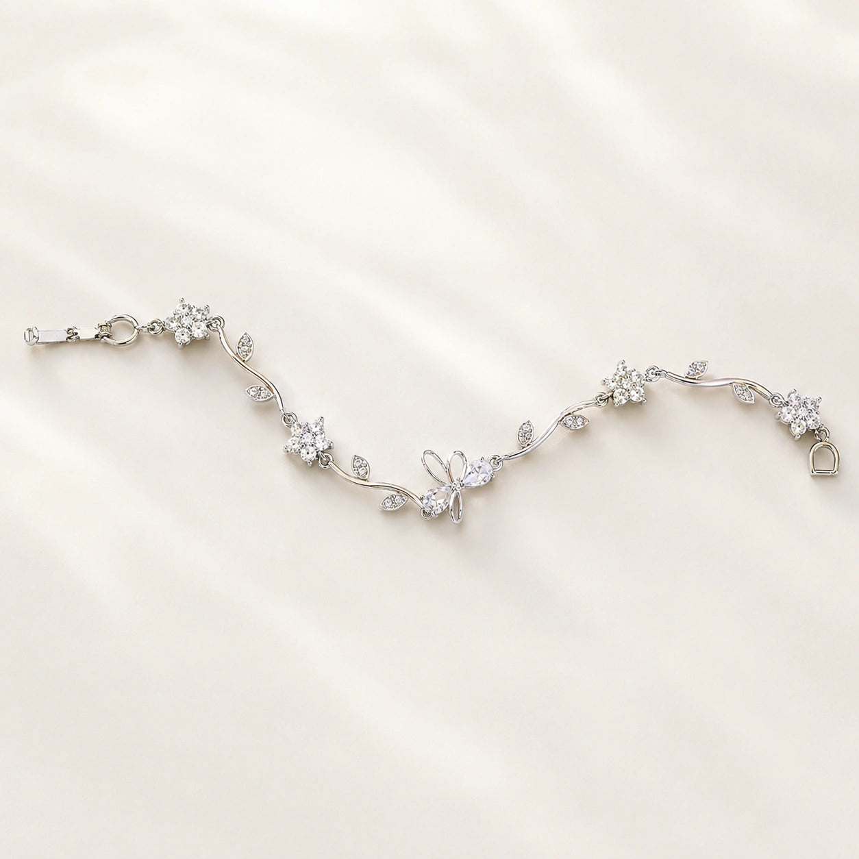 Top view of the gold tulip-vine crystal bracelet