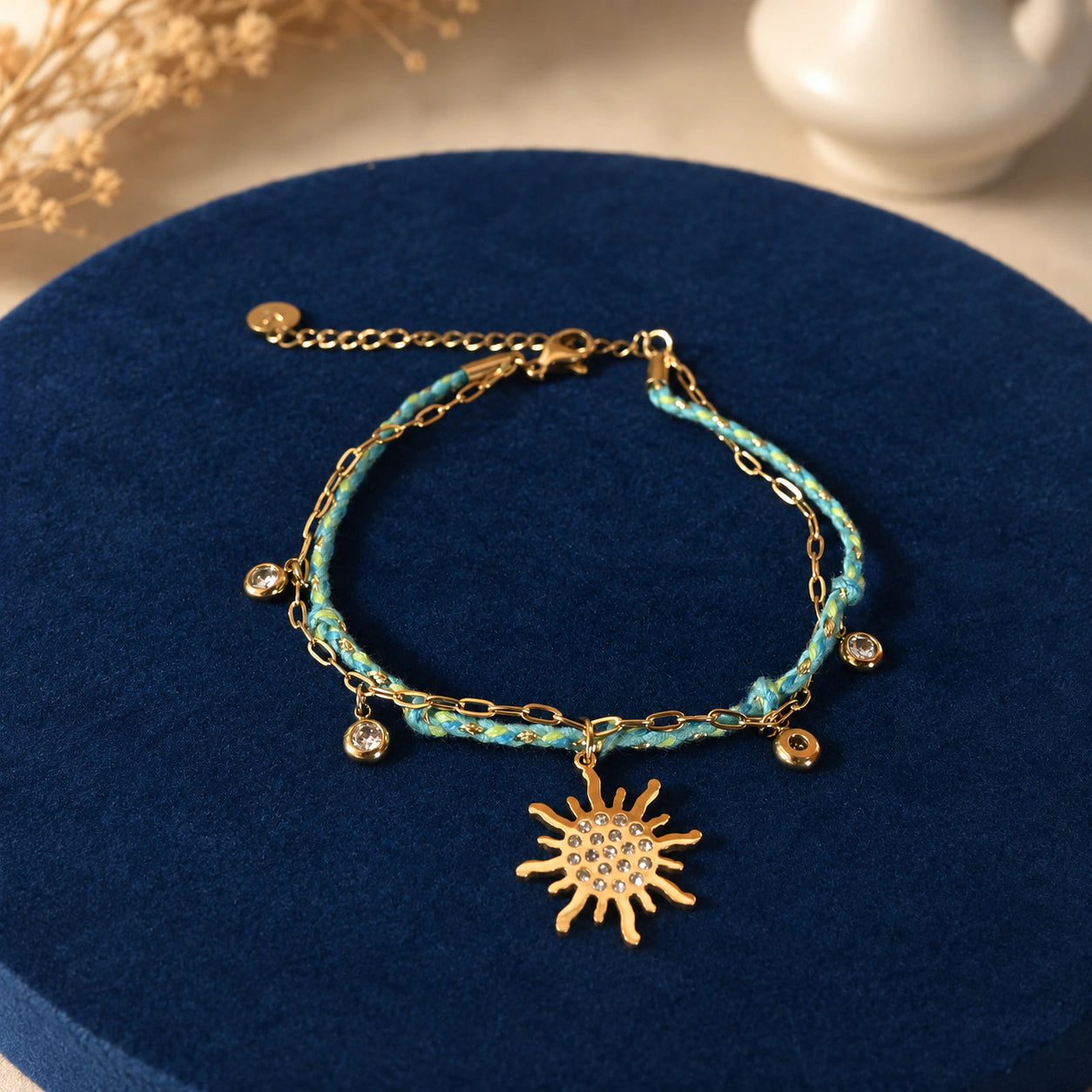 Alternate detail view of the turquoise braided sunburst bracelet
