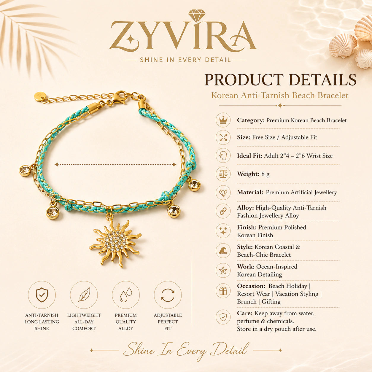 Angled view of the gold turquoise braided sunburst bracelet