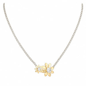 Close-up of the twin floral crystal pendant detailing