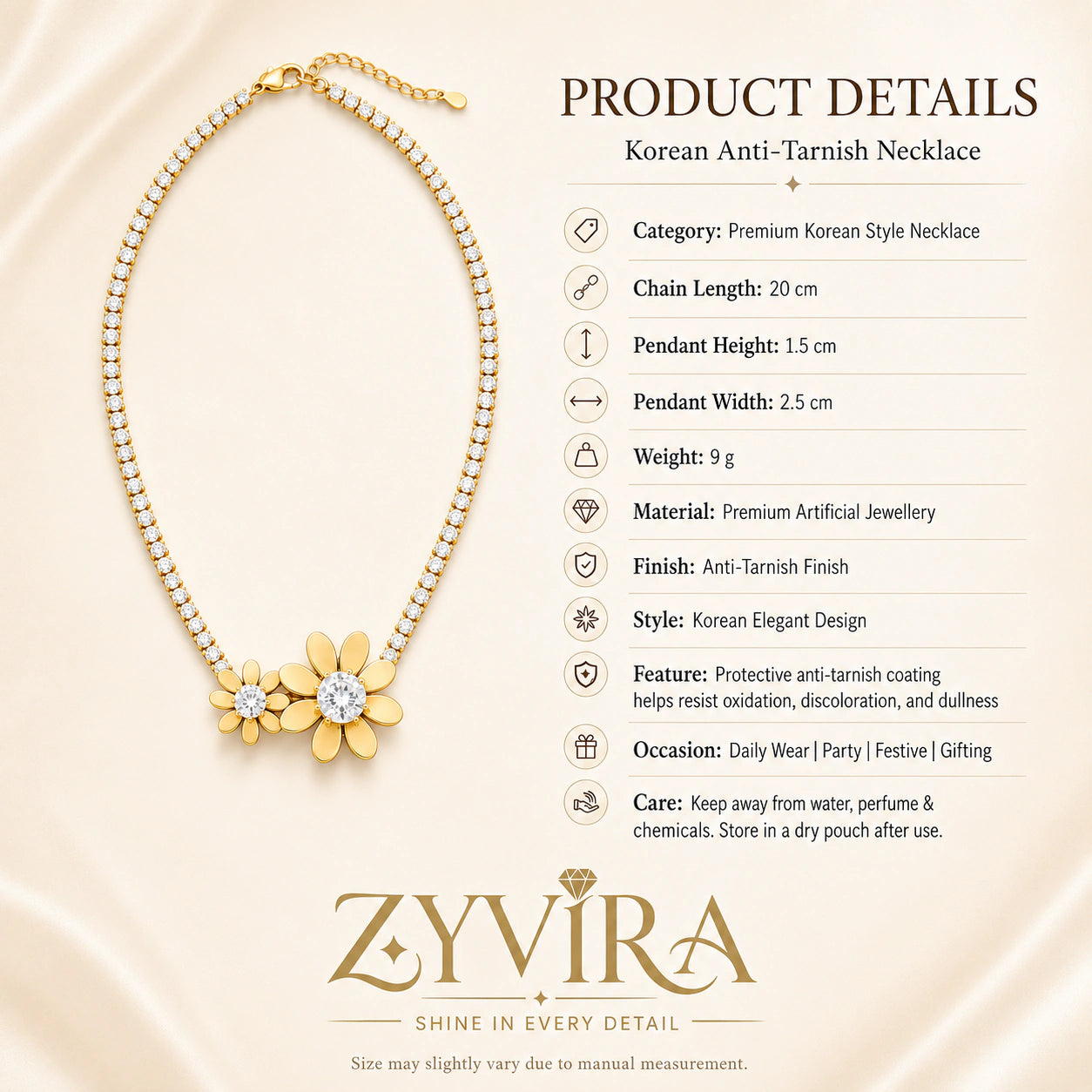 Product details card for the gold twin floral crystal necklace