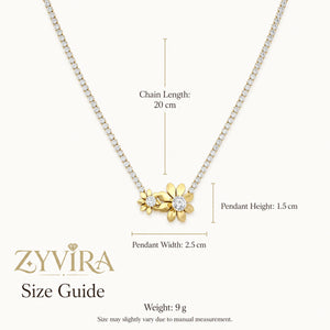 Size guide showing the proportions of the twin floral necklace
