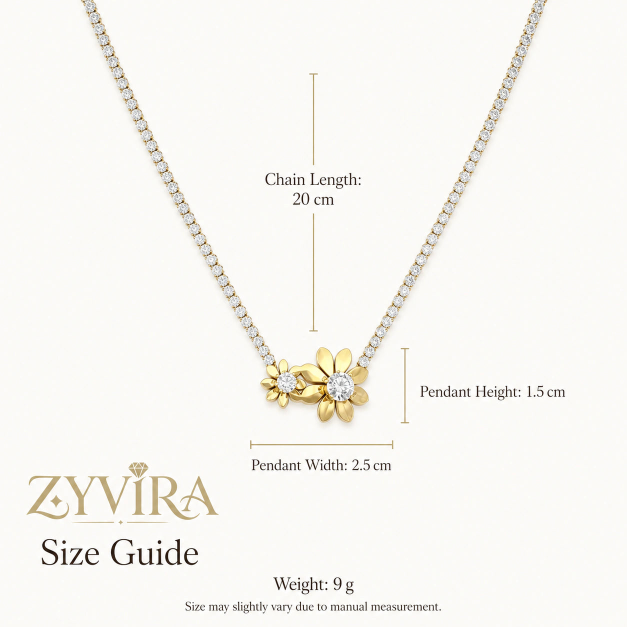 Size guide showing the proportions of the twin floral necklace