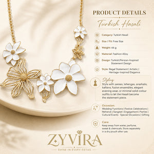 Gold white floral Hasali styled in an elegant jewellery flat lay