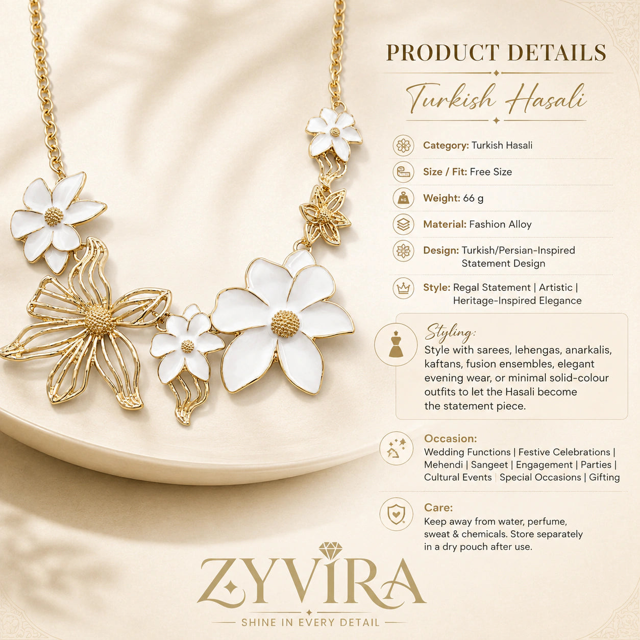 Gold white floral Hasali styled in an elegant jewellery flat lay